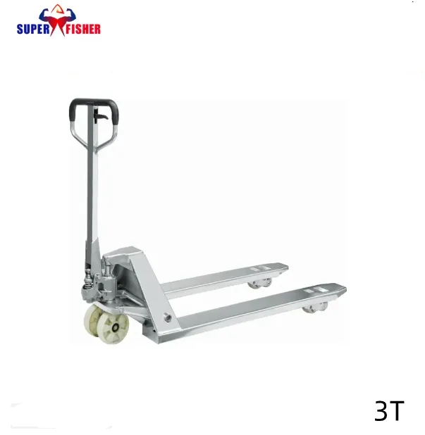 Stainless steel hydraulic hand lift pallet truck in a food processing environment showing reinforced frame