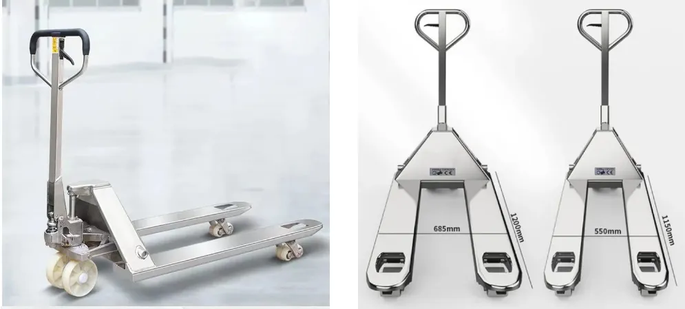 Stainless steel hydraulic hand pallet truck designed for hygiene-critical and corrosive environments