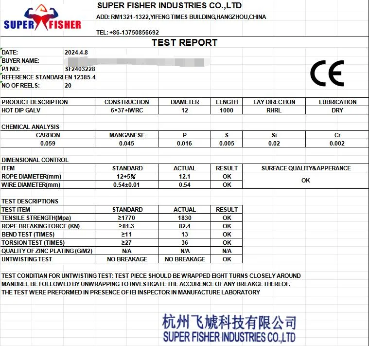 SGS and CE Certification Test Reports for Steel Wire Rope Breaking Strength