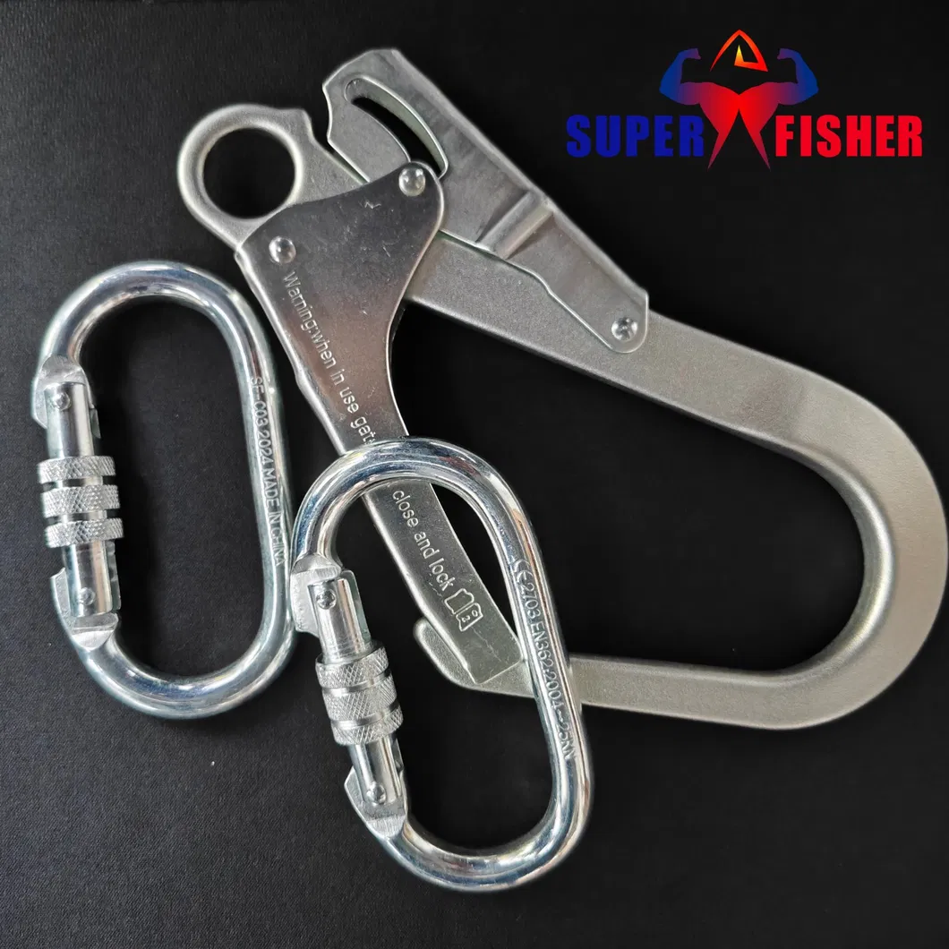CE Certified Alloy Steel Screw-Lock Carabiner showing 17mm gate opening and silver finish