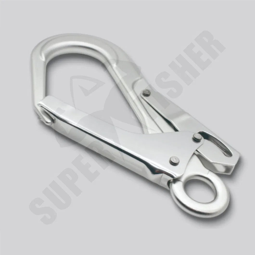 Side profile of the silver forged aluminum snap hook showing ergonomic press structure